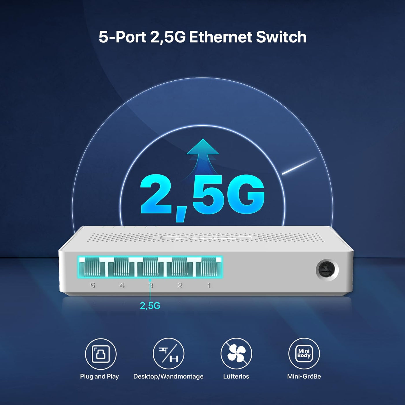 Tenda 2.5 Gbit Switch 5 Port Netzwerk Switch LAN Switch (Plug-and-Play LAN Splitter LAN Verteiler, Unmanaged, Lüfterlos, Ideal für 2,5G NAS, Server, WiFi 6/7 AP, Gaming-PC) (SE105)