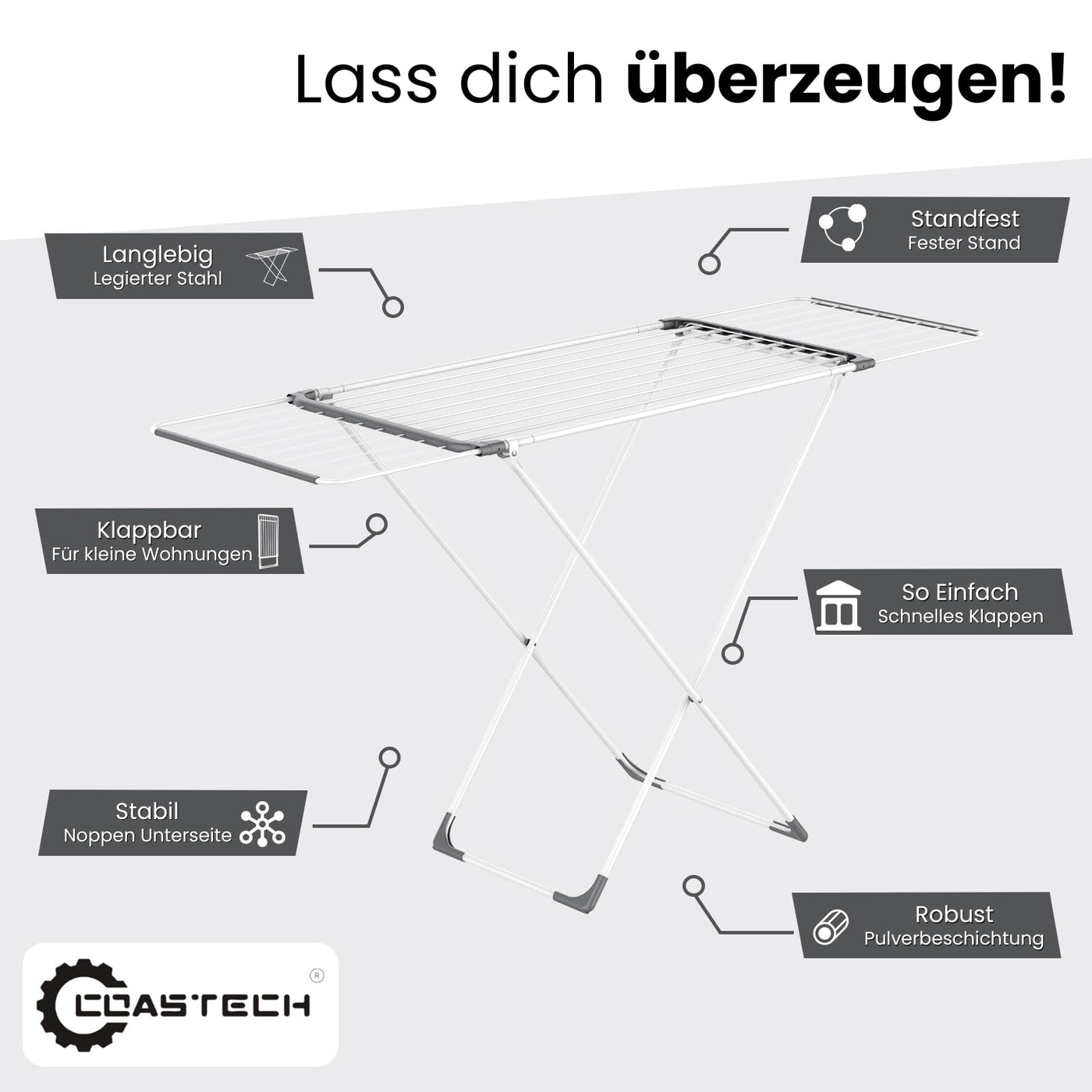 Coastech Wäscheständer - Ausziehbarer Wäscheständer für stabiles, rutschfestes und platzsparendes Wäschetrocknen - 136cm x 5.5cm x 57cm