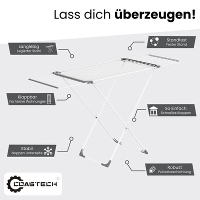Coastech Wäscheständer - Ausziehbarer Wäscheständer für stabiles, rutschfestes und platzsparendes Wäschetrocknen - 136cm x 5.5cm x 57cm