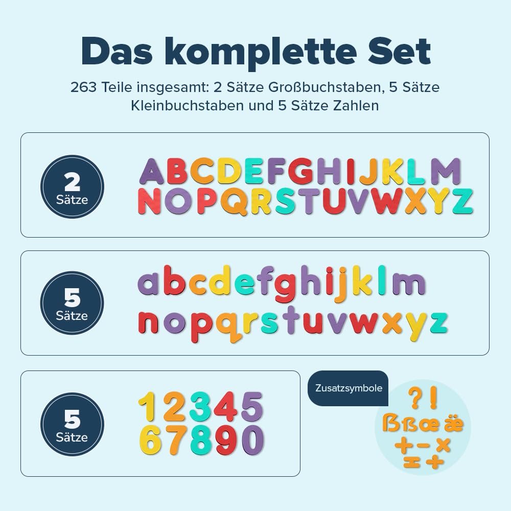 Magnetische Buchstaben und Zahlen für Kinder – Das komplette Set: 182 Buchstaben und 81 Zahlen sowie Symbole – Kühlschrankmagneten – Beinhaltet 2 Boxen, Magnettafel, Stifte und Löschschwamm