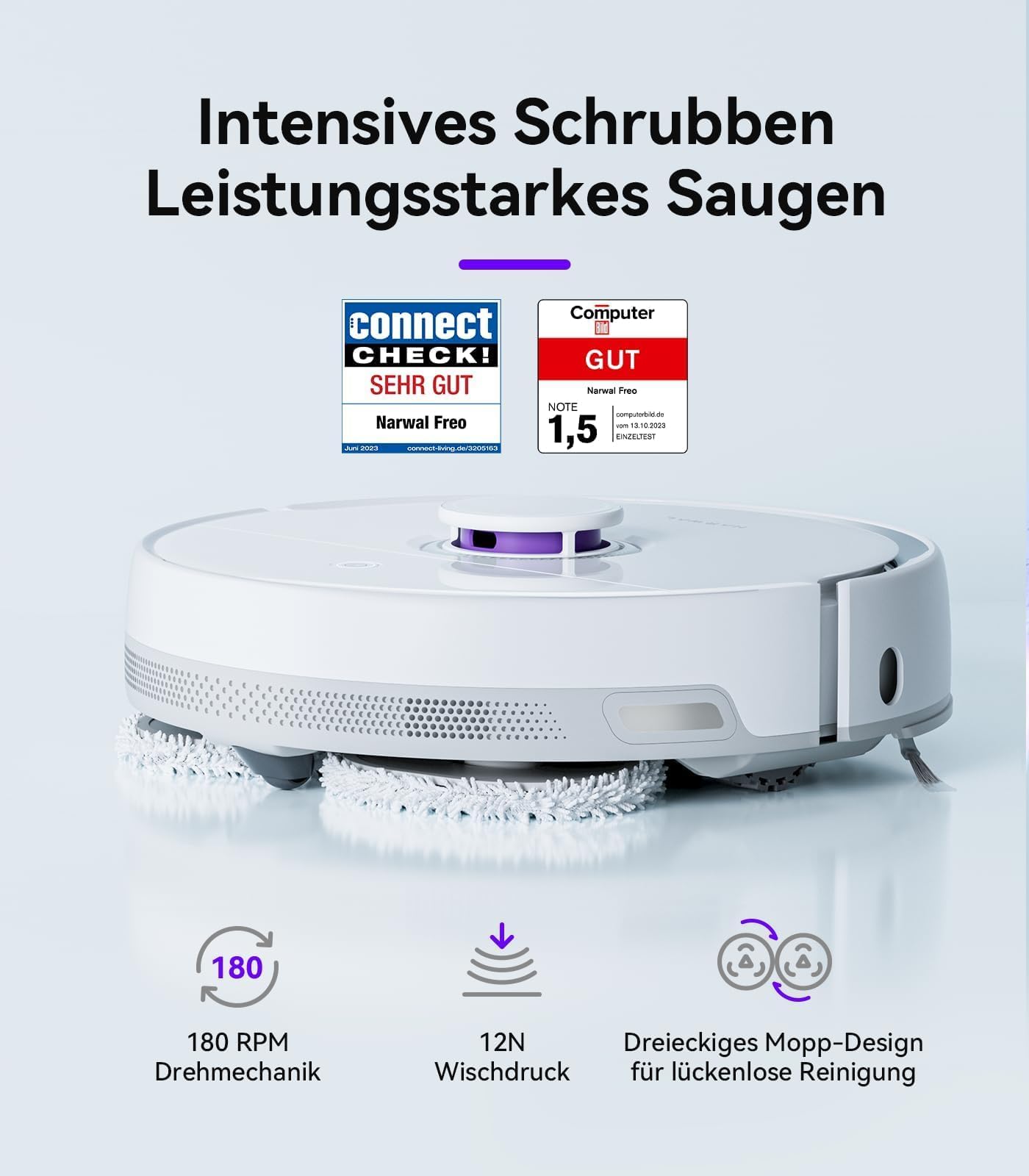 NARWAL Freo Saugroboter mit Wischfunktion und automatischer Dockingstation (Freo-Modus und DirtSense-Schmutzerkennung, rotierende Mopps, Smart-Swing Randreinigung, Heißlufttrocknung)