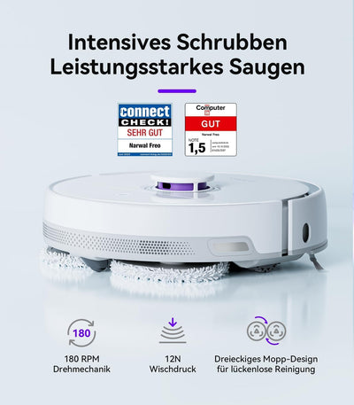 NARWAL Freo Saugroboter mit Wischfunktion und automatischer Dockingstation (Freo-Modus und DirtSense-Schmutzerkennung, rotierende Mopps, Smart-Swing Randreinigung, Heißlufttrocknung)