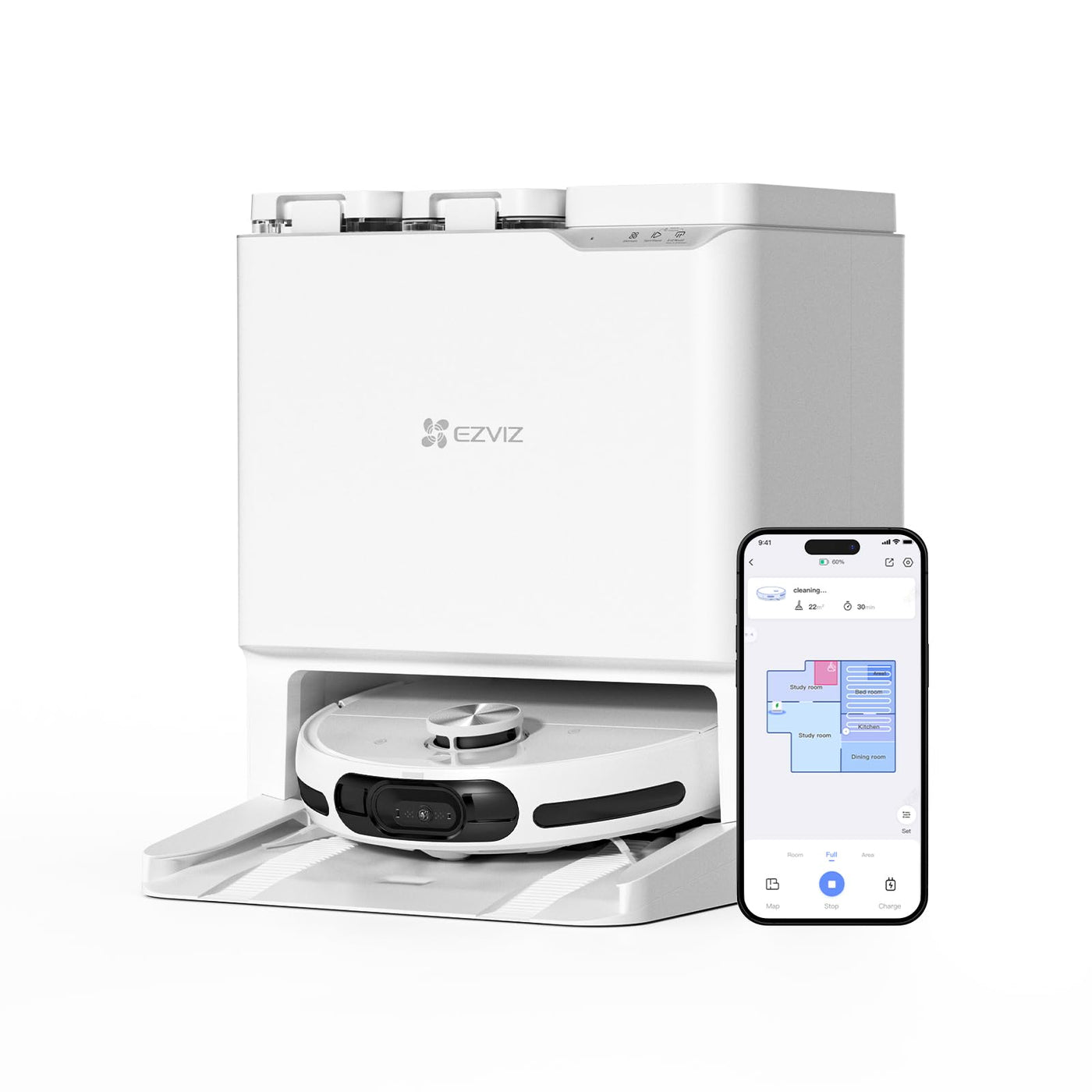 EZVIZ Saugroboter mit Staubentleerung und Wasserwechsel, 7200 Pa, LDS LiDAR und 3D-Laser Navigation Hinderniserkennung, Teppicherkennung, automatische Moppinstallation und -entfernung, RS20 Pro