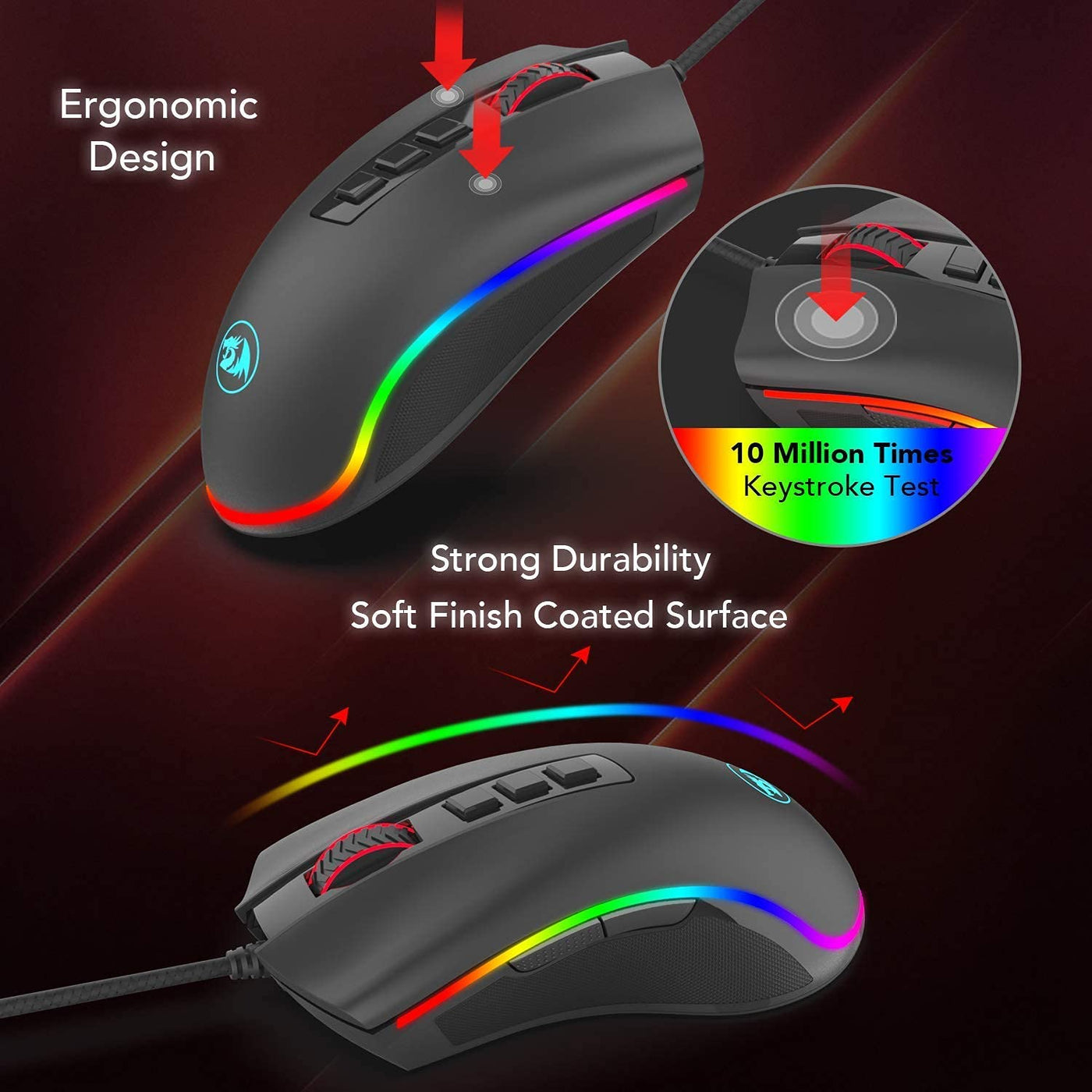 Redragon M711 Cobra Gaming Maus mit 16,8 Millionen RGB-Farben und Hintergrundbeleuchtung, 10.000 DPI Einstellbar, Komfortabler Griff, 7 Programmierbare Tasten, Schwarz