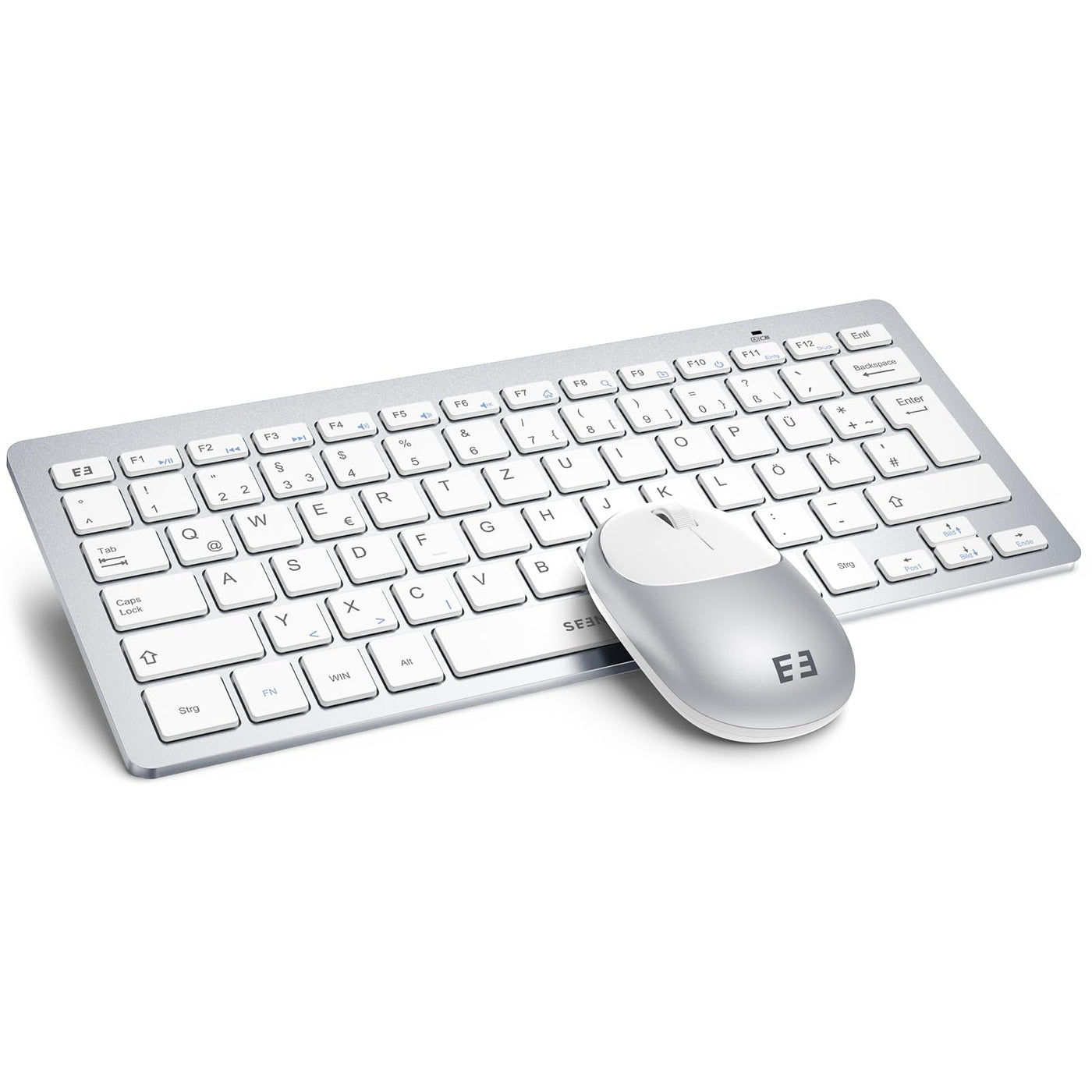 seenda Funktastatur mit Maus, Kleine Tastatur Maus Set kabellos mit USB Empfänger für PC/Laptop/Desktop/TV, Ultradünne 70% Tastatur mit QWERTZ Layout, Weiß & Silber