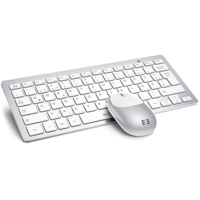 seenda Funktastatur mit Maus, Kleine Tastatur Maus Set kabellos mit USB Empfänger für PC/Laptop/Desktop/TV, Ultradünne 70% Tastatur mit QWERTZ Layout, Weiß & Silber
