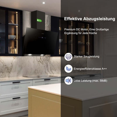 SNDOAS Dunstabzugshaube 60cm, Kopffreie Wandhaube mit 550 m³/h Starker Saugleistung, inkl. Aktivkohlefilter, LED-Anzeige Touchscreen, Verzögerungs-Ausschaltfunktion, Abluft/Umluft, Schwarz