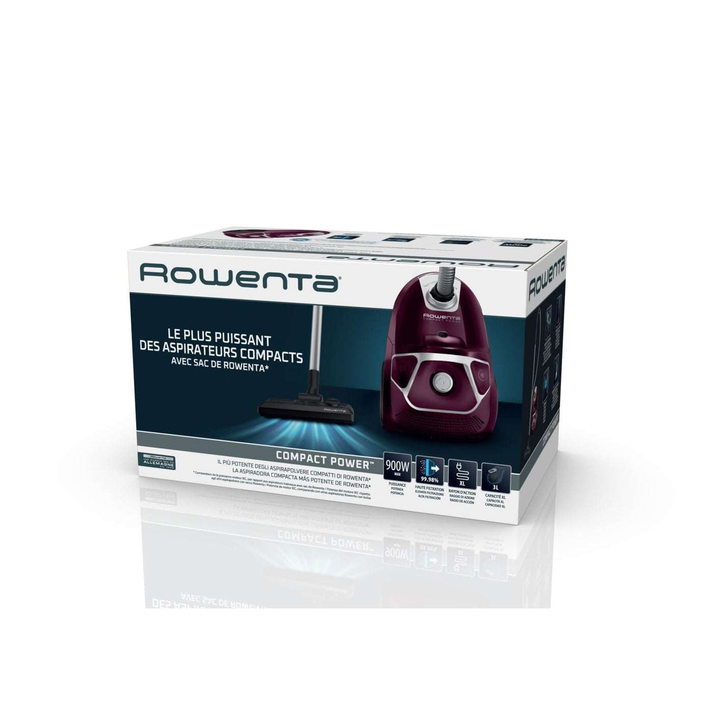 Rowenta Compact Power Staubsauger mit Beutel, 750 Watt, 3 Liter Staubbeutel, 2-in-1-Fugendüse, Home & Car-Set, für alle Bodenarten, kompaktes Design, Bodenstaubsauger, ‎dunkelrot /silber, RO3969EA