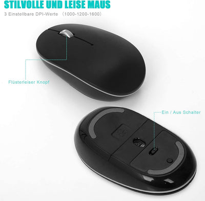Tastatur Maus Set Kabellos - (Deutsch) USB QWERTZ Funk Tastatur Klein Maus Ultradünne Leise Ergonomisch Tastatur für Computer/PC/Laptop/Smart TV/Windows - Schwarz