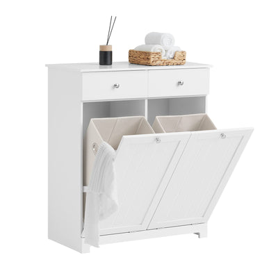SoBuy BZR33-W Wäscheschrank mit 2 ausklappbaren Wäschesäcken Wäschetruhe Wäschesammler mit 2 Schubladen Wäschekorb Badschrank Badmöbel weiß BHT ca: 78x90x38cm