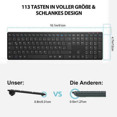Tastatur Maus Set Kabellos, SABLUTE 2,4GHz UltraDünn Leise Kabellose Tastatur und Maus, Ergonomisch Funktastatur in Voller Größe mit 19 Sondertasten und einen Nummernblock, für PC, Laptop, Windows
