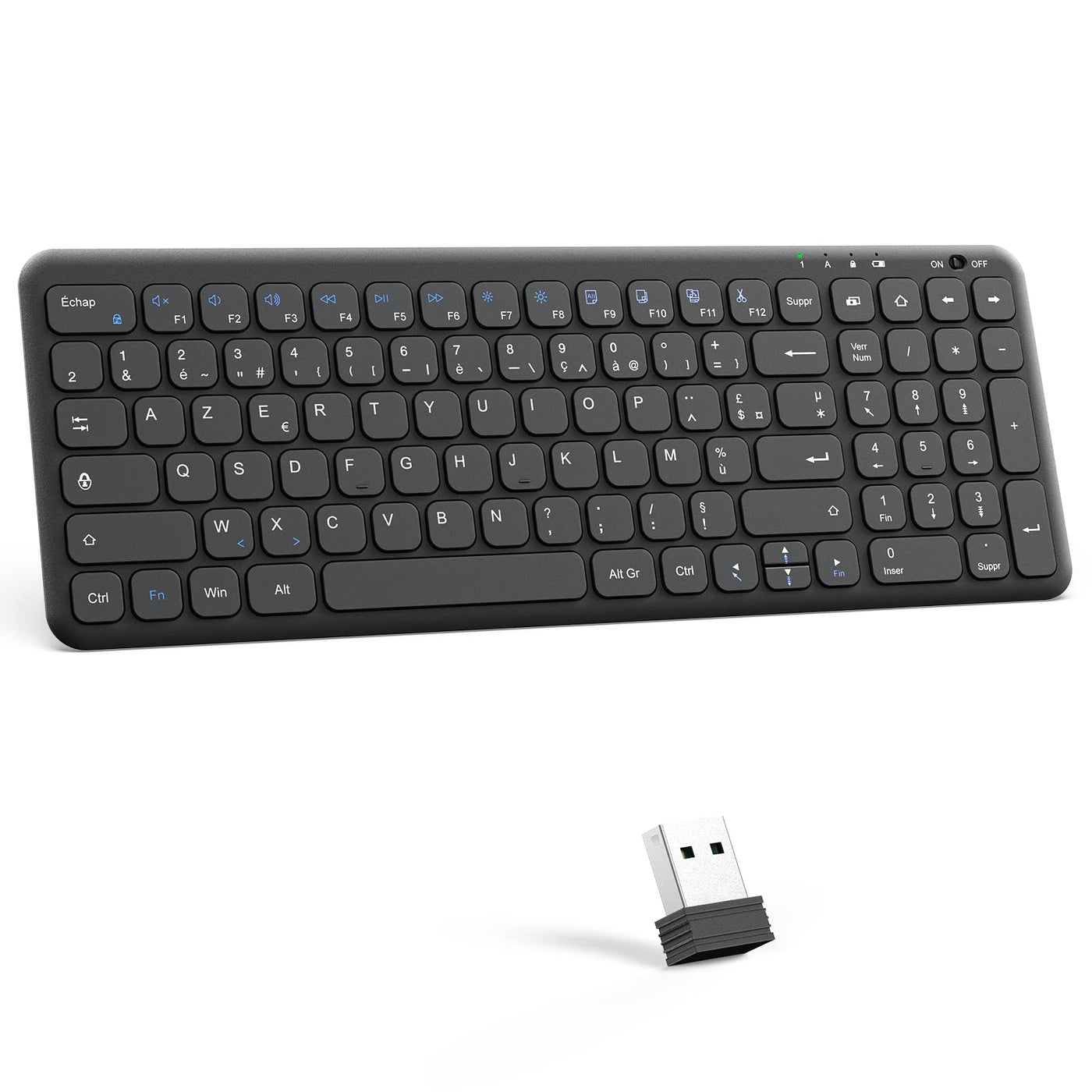 OMOTON Kabellose Tastatur, 2,4 GHz, AZERTY-Tastatur, leise, für Windows 10/8/7, PC, Computer, kabellose USB-Tastatur mit Ziffernblock, ultradünn, Schwarz