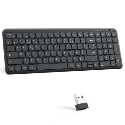 OMOTON Kabellose Tastatur, 2,4 GHz, AZERTY-Tastatur, leise, für Windows 10/8/7, PC, Computer, kabellose USB-Tastatur mit Ziffernblock, ultradünn, Schwarz