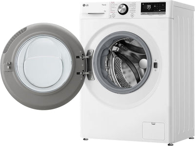 LG F2V7SLIM9, Klasse A, Waschmaschine Slim 9 kg, 60x47.5x85 cm, Wi-Fi, AI Direct Drive, Tiefenreinigung mit Dampf, TurboWash 360°, Außentür aus Gehärtetem Glas, Weiß mit Schwarzem Bullaugenring