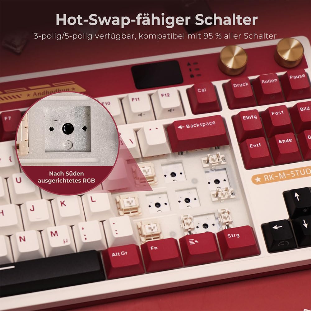 RK ROYAL KLUDGE M87 Mechanische Tastatur Kabellos mit Display und Doppelknopf, Gasket 75% Gaming Tastatur TKL, QWERTZ Bluetooth/2.4Ghz/USB-C RGB QMK/VIA, 7500 mAh, Hot Swap Linear Creamy Switches