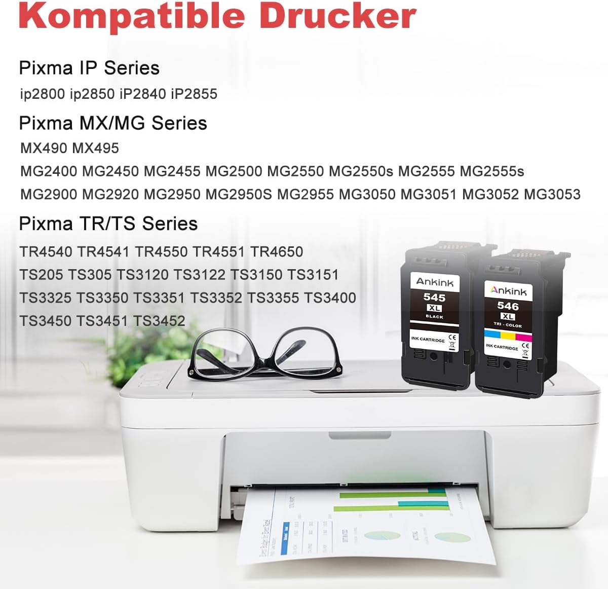 ANKINK Kompatibel Tintenpatrone Druckerpatronen als Ersatz für PG 545XL CL 546XL für Canon Patrone 545 546 XL für MG2450 MG2550 MG2950 MG2550s TR4550 TR4551 TR4650 TS3350 TS3450 Schwarz Farbe 2 Pack