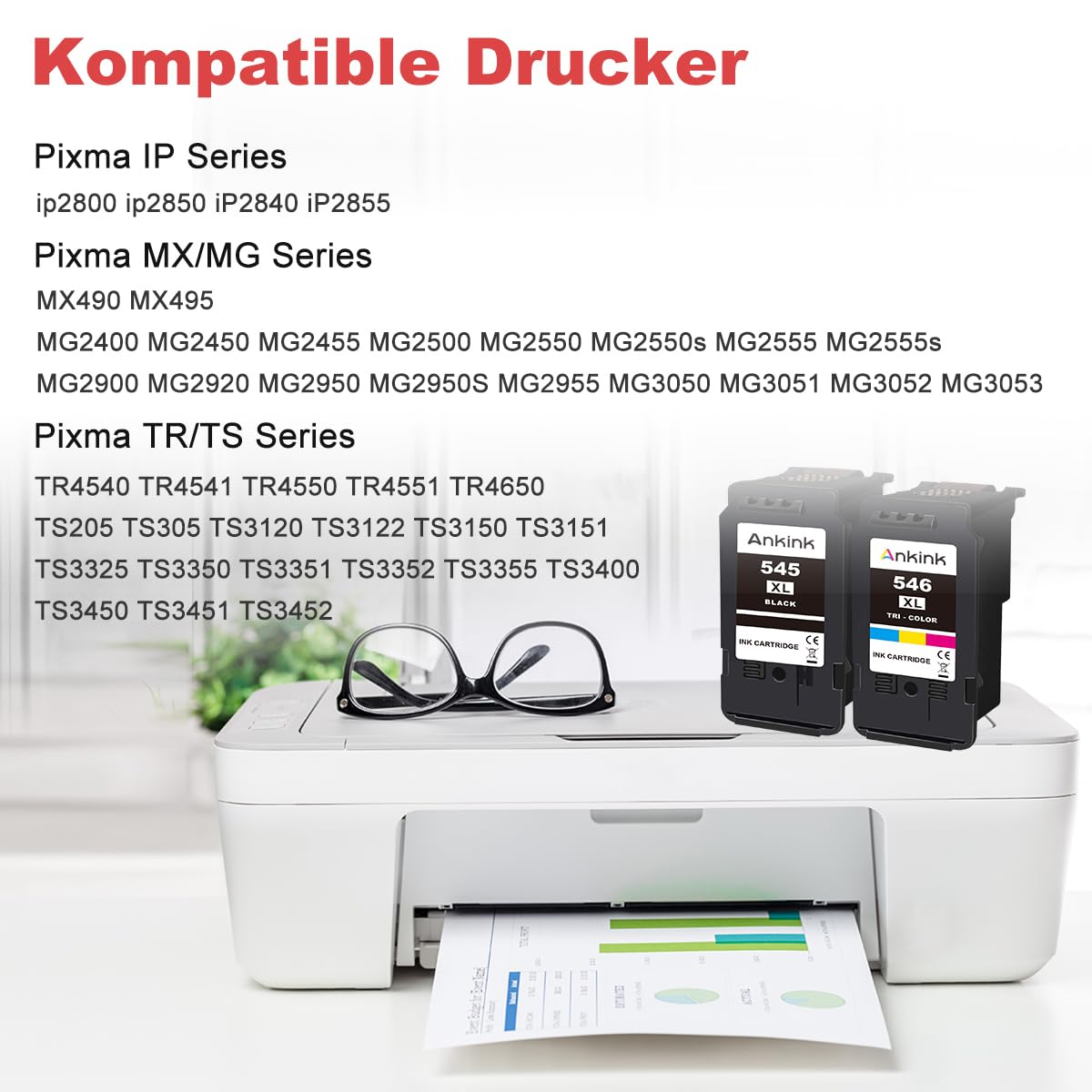 ANKINK Kompatibel Tintenpatrone Druckerpatronen als Ersatz für PG 545XL CL 546XL für Canon Patrone 545 546 XL für MG2450 MG2550 MG2950 MG2550s TR4550 TR4551 TR4650 TS3350 TS3450 Schwarz Farbe 2 Pack