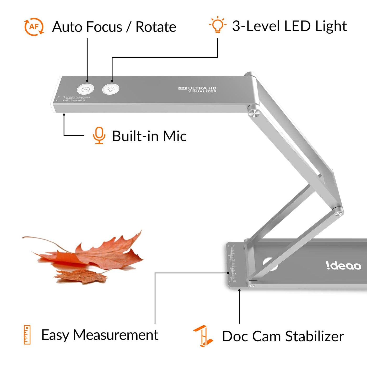 IDEAO DC400, Faltbare 4K-USB-Dokumentenkamera und Webcam, 1080P, 60fps mit Autofokus, eingebautem Mikrofon, LED und Plug&Play, für Distance Learning, Fernunterricht und Online Coaching