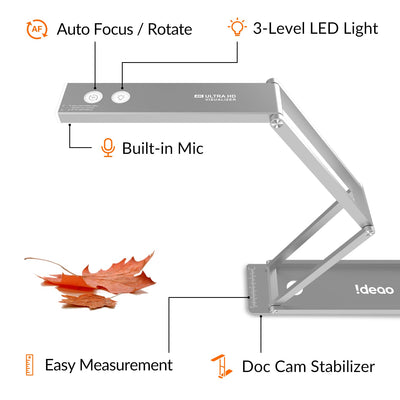 IDEAO DC400, Faltbare 4K-USB-Dokumentenkamera und Webcam, 1080P, 60fps mit Autofokus, eingebautem Mikrofon, LED und Plug&Play, für Distance Learning, Fernunterricht und Online Coaching