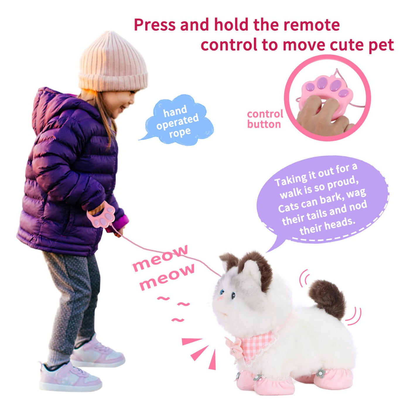 RuiDaXiang Elektronische Walking Plüsch Spielzeug Katze mit Fernbedienung Leine, realistische interaktive Begleiter Haustier Katze mit Zubehör, für 3-6 Jahre Jungen & Mädchen