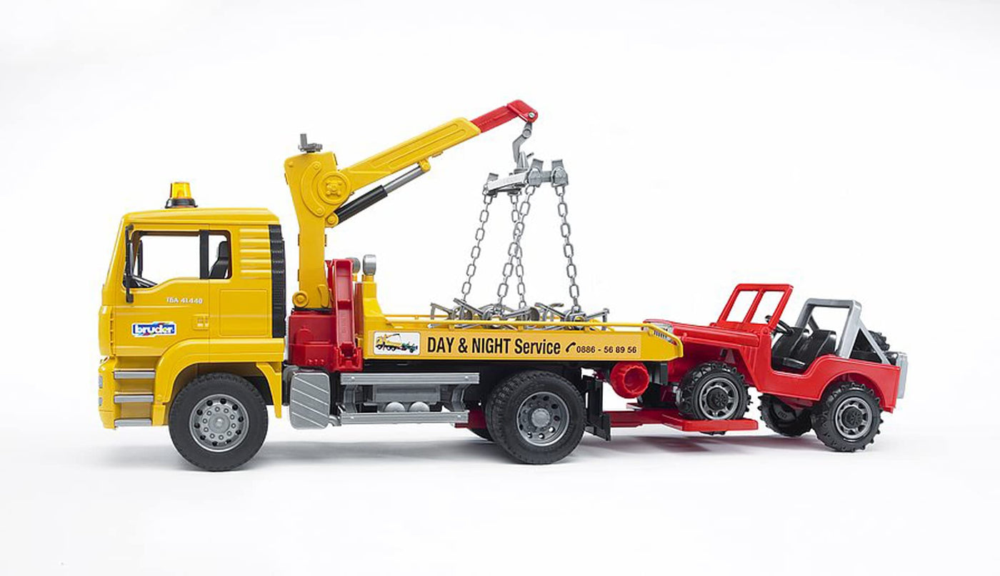 bruder 02750 - Man TGA Abschlepp-LKW mit Geländewagen - 1:16 Abschleppwagen, Abschlepper, Fahrzeug, LKW, Auto, Jeep, Werkstatt, Geländewagen