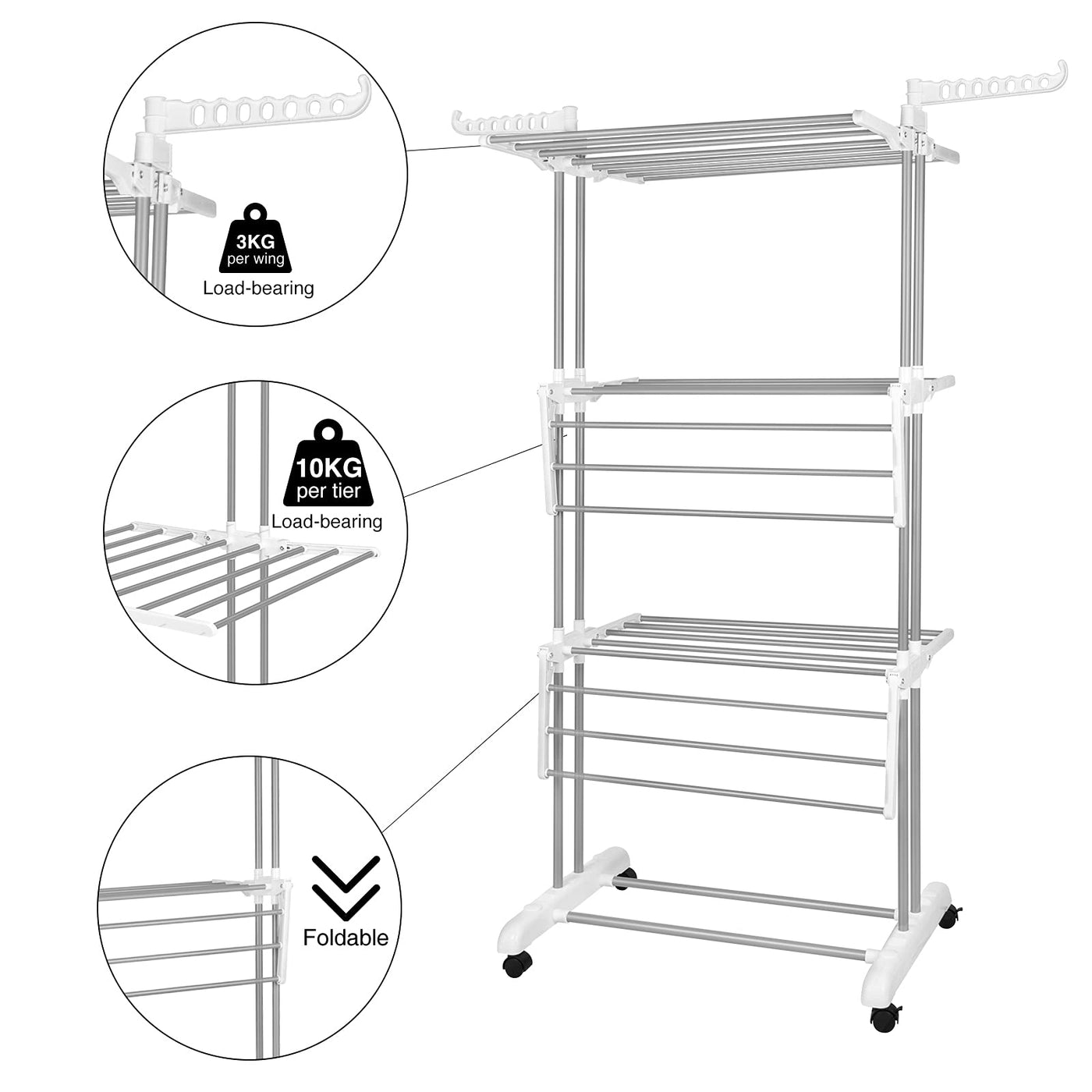 Innotic Wäscheständer mit Rollen Multifunktional 4 etagen Wäscheständer Turm Klappbar Standtrockner Wäscheständer Platzsparender mit Flügel Wäscheturm fur Innen und draußen (Weiß Grau)