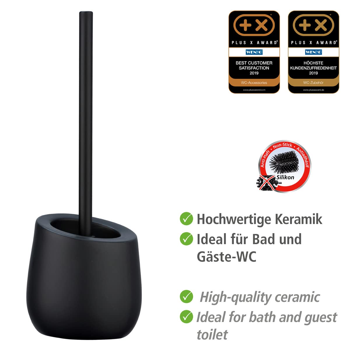WENKO WC-Garnitur Badi Schwarz, hochwertige Keramik mit matter Oberfläche, inkl. WC-Bürste mit Silikon-Bürstenkopf und Anti-haft-Wirkung