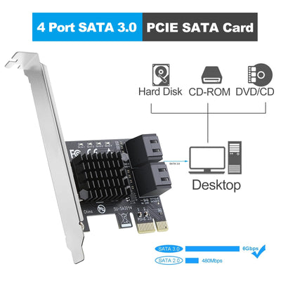 PCIe SATA Karte 4 Ports mit 4 SATA Kabeln, SATA 3.0 Controller Erweiterungskarte mit Low Profile Bracket, PCI-E X1 3.0 Gen3 (6Gbps) Boot als Systemplatte, Non Raid, unterstützt 4 SATA 3.0 Geräte