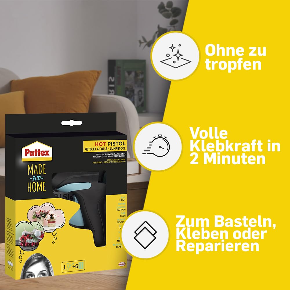Pattex Made at Home Heißklebepistole, Kleber für kreative Heimwerkarbeiten, Set aus 1x Klebepistole und 6x Heißklebesticks mit 11mm Durchmesser