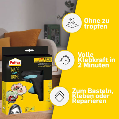 Pattex Made at Home Heißklebepistole, Kleber für kreative Heimwerkarbeiten, Set aus 1x Klebepistole und 6x Heißklebesticks mit 11mm Durchmesser