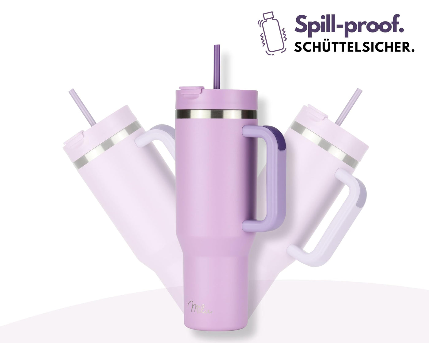 Milu Thermobecher 1200ml mit Strohhalm und Henkel – 48h Eis/24h kalt/12h heiß Edelstahl Tumbler 40oz mit Griff - Isolierbecher to go - Isolierflasche Trinkflasche doppelwandig isoliert (Lilac, 1200ml)