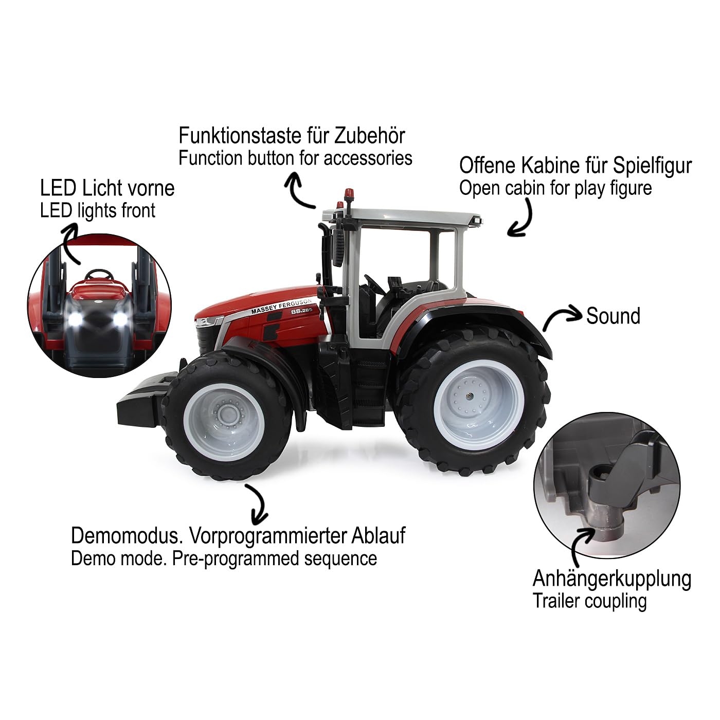 JAMARA Massey Ferguson 8S.285 1:16 2,4Ghz - RC Traktor, Motorsound (abschaltbar), Rückfahrwarnsound, Abschaltfunktion, 2 Radantrieb, Gummireifen, helle LED, Blinker, Demo Funktion