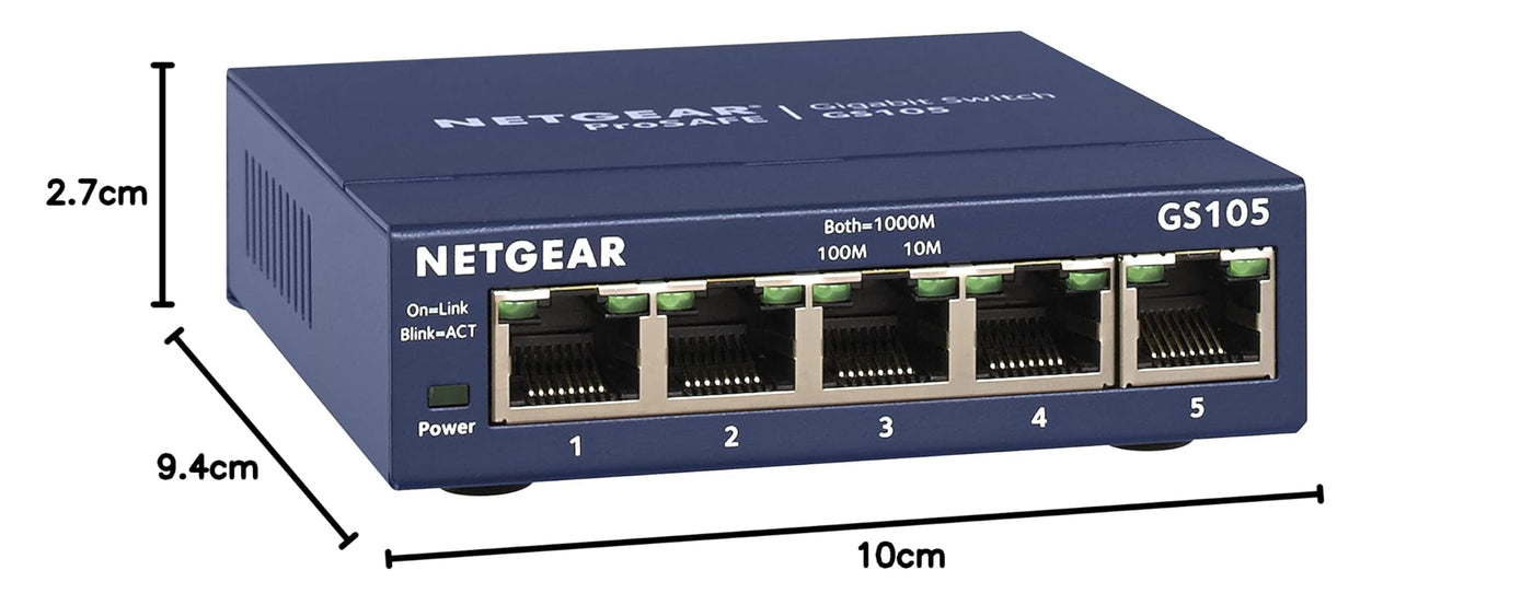 NETGEAR GS105GE LAN Switch 5 Port Netzwerk Switch (Plug-and-Play Gigabit Switch LAN Splitter, LAN Verteiler, Ethernet Hub, lüfterloses Metallgehäuse, ProSAFE Lifetime-Garantie), Blau
