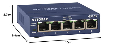 NETGEAR GS105GE LAN Switch 5 Port Netzwerk Switch (Plug-and-Play Gigabit Switch LAN Splitter, LAN Verteiler, Ethernet Hub, lüfterloses Metallgehäuse, ProSAFE Lifetime-Garantie), Blau
