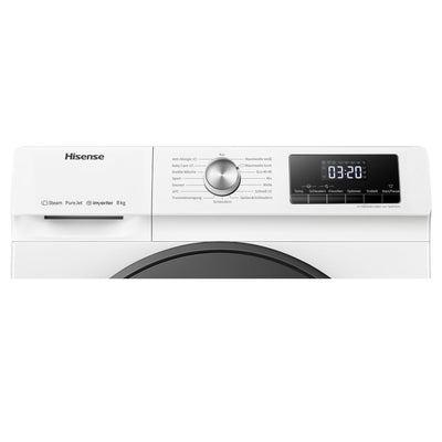 Hisense WFQA8014EVJM Waschmaschine mit Dampffunktion/ 8 kg/AquaStop/ 1400 U/min /15 Programme/Inverter PowerDrive Motor/Edelstahltrommel/Kindersicherung/Trommelreinigung/Weiß