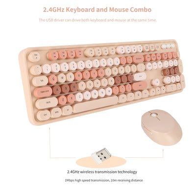 Tastatur Maus Set Kabellos, 2.4GHz tastatur kabellos mit abnehmbaren runden Tastenkappen, Niedliche 104 Tasten Milchtee Tastatur und Maus für Office Home Gaming