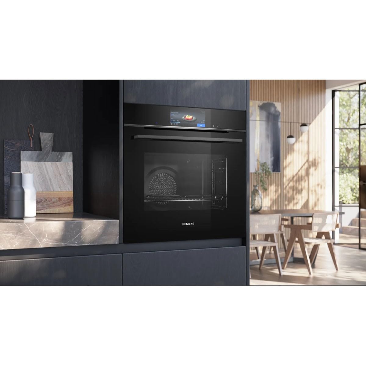 Siemens HB778G3B1,Q700 Smarter Einbau-Backofen, 60 x 60 cm, Made in Germany, Pyrolyse & Hydrolyse Selbstreinigung, Bratenthermometer, Air Fry, Backautomatik, Farbiger Touchscreen, 4D Heißluft, Schwarz
