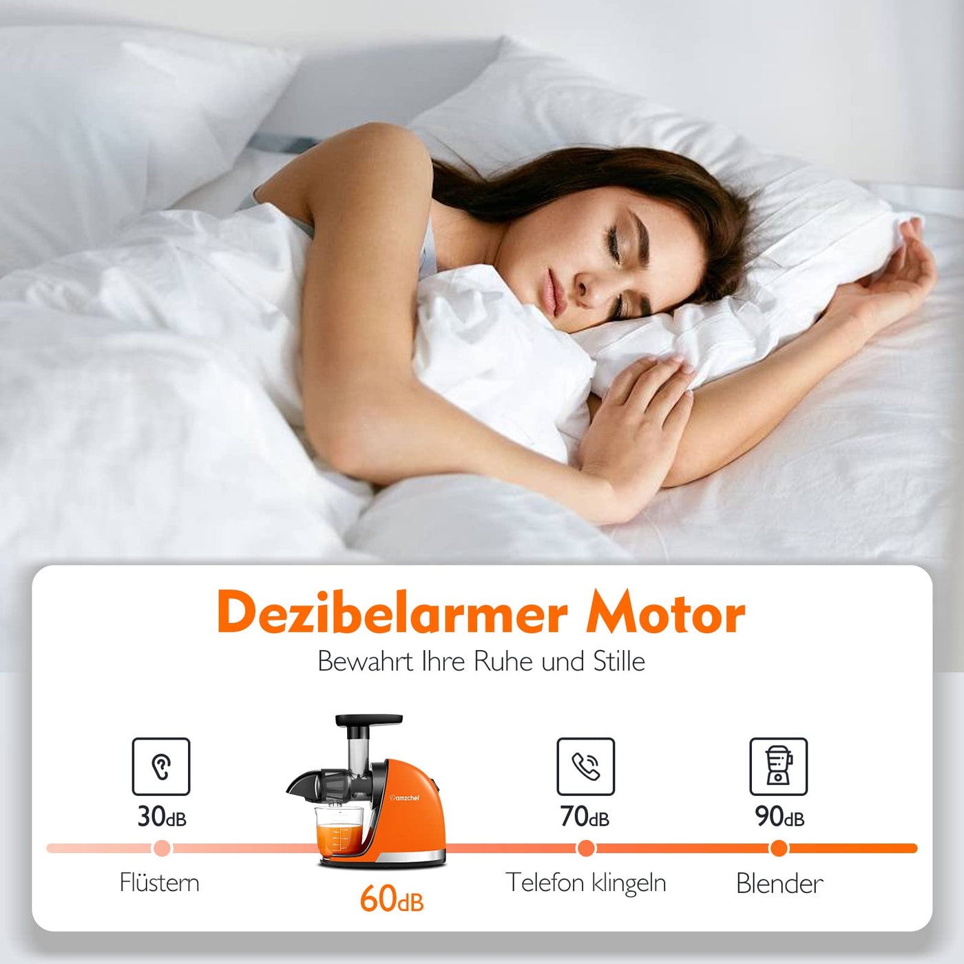 AMZCHEF Entsafter Gemüse und Obst Testsieger - Entsafter Slow Juicer mit Rückwärts-Kau-Funktion - Zartes Zerkleinern ohne Filtern - Saftpresse Elektrisch mit Bürste und 2 Tassen - Lebendiges Orange