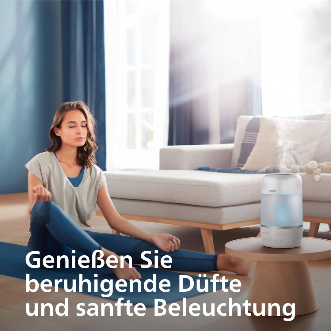 Philips Smart Humidifier - kompakt und dennoch leistungsstark mit himmelhohem Nebel, Aromatherapie, leise mit Schlafeinstellung und Nachtlicht, für (Schlaf-) Räume bis zu 38 m² (HU1509/00)