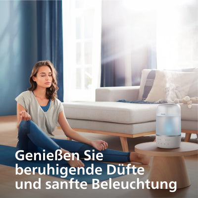 Philips Smart Humidifier - kompakt und dennoch leistungsstark mit himmelhohem Nebel, Aromatherapie, leise mit Schlafeinstellung und Nachtlicht, für (Schlaf-) Räume bis zu 38 m² (HU1509/00)