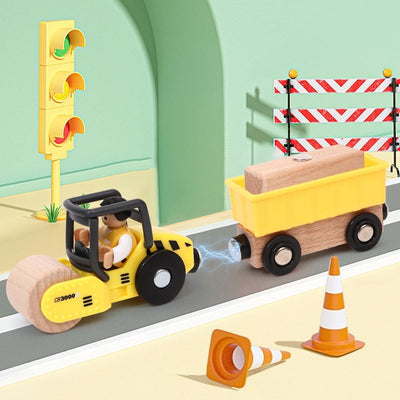 Baufahrzeuge Baustelle Kinder Geschenke Jungen 2 3 4 5 Jahre Holz Magnetisch Fahrzeug Spielzeug mit Portalkran, Bagger, Kranwagen, Straßenroller, Abschleppfahrzeug, Holzspielzeug Geschenkideen Jungen