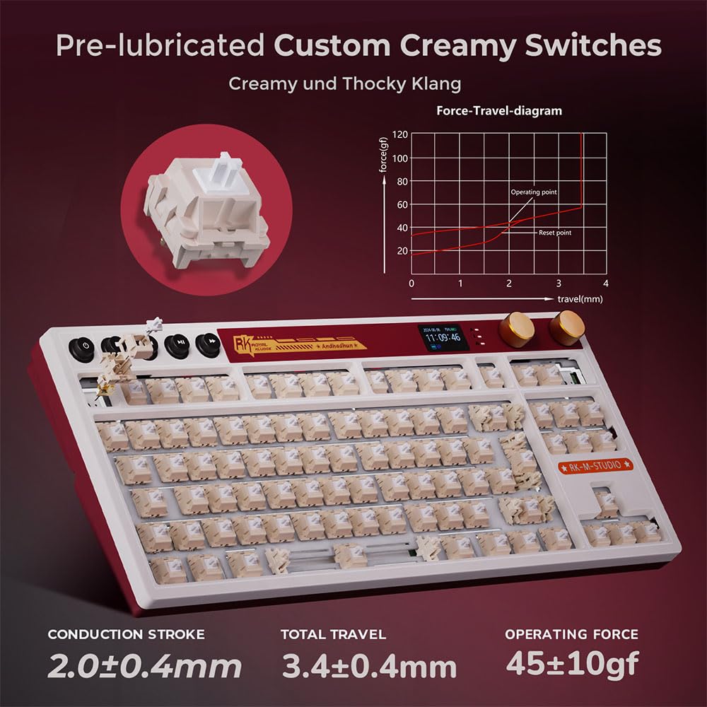 RK ROYAL KLUDGE M87 Mechanische Tastatur Kabellos mit Display und Doppelknopf, Gasket 75% Gaming Tastatur TKL, QWERTZ Bluetooth/2.4Ghz/USB-C RGB QMK/VIA, 7500 mAh, Hot Swap Linear Creamy Switches