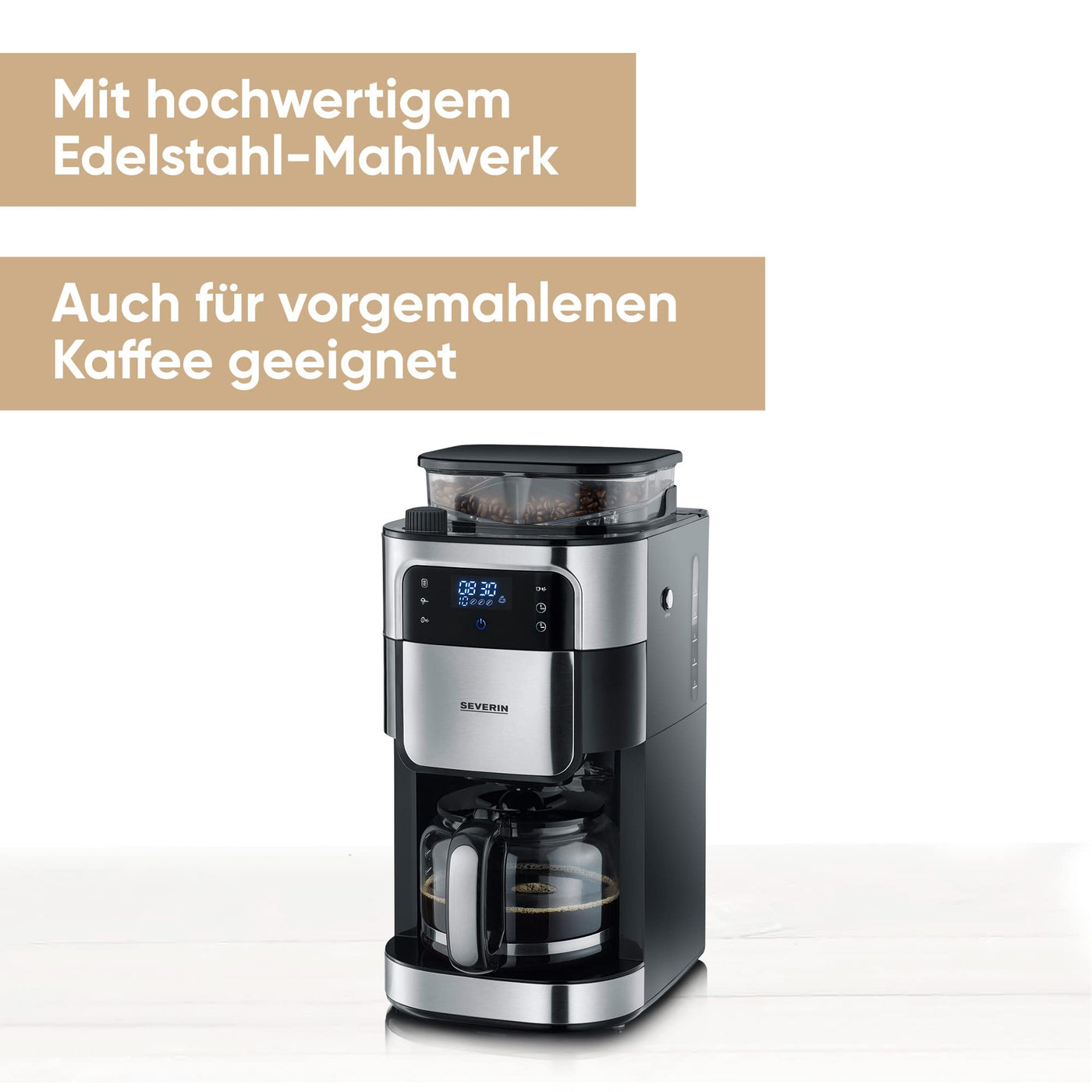SEVERIN Kaffeemaschine mit Mahlwerk, Kaffeeautomat mit Glaskanne und Timer-Funktion, auch als Filterkaffeemaschine, für bis zu 10 Tassen Kaffee, 1000 Watt, schwarz/ Edelstahl, KA 4813