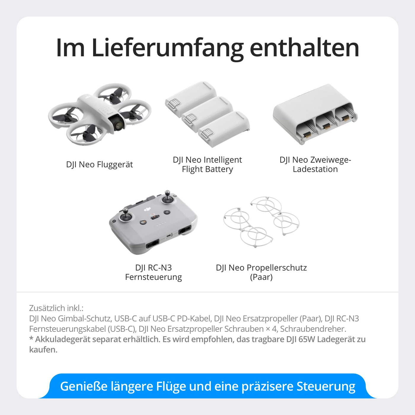 DJI Neo Fly More Combo – Mini Drohne mit Kamera 4K UHD Für Kinder, 135g, Follow-Me, Handstart, Motivverfolgung, QuickShots, Integrierter Propellerschutz, C0, mit RC-N3 und 3 Akkus