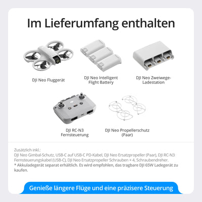 DJI Neo Fly More Combo – Mini Drohne mit Kamera 4K UHD Für Kinder, 135g, Follow-Me, Handstart, Motivverfolgung, QuickShots, Integrierter Propellerschutz, C0, mit RC-N3 und 3 Akkus