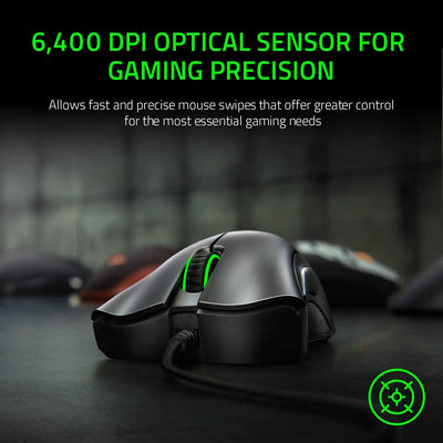 Razer DeathAdder Essential Gaming-Maus, optischer Sensor, 6400 DPI, 5 programmierbare Tasten, mechanische Schalter, gummierte Seitengriffe, klassisches Schwarz