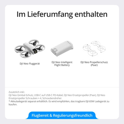 DJI Neo, Mini Drohne mit Kamera 4K UHD Für Erwachsene, 135g, Selbstfliegende Drohne, Motivverfolgung, Handstart, QuickShots, Integrierter Propellerschutz, Quadrocopter, Ohne Controller