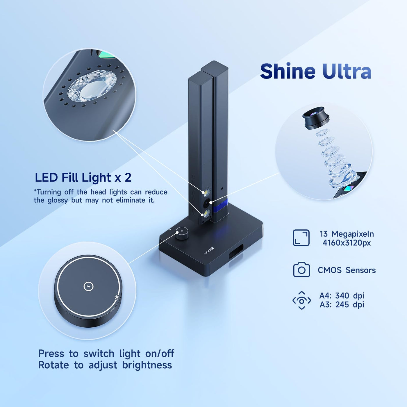 CZUR Shine Ultra A3 Scanner, tragbarer Dokumentenscanner, Faltbare Buchscanner, Dokumentenkamera Visualizer mit OCR 180+ Sprache, Stufenlos LED, Schnell-Scanner für Windows & macOS (13 MP)