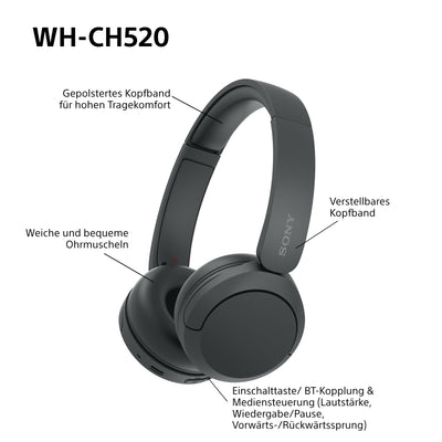 Sony WH-CH520 Kabelloser Bluetooth On-Ear-Kopfhörer, hohe Klangqualität, leichtes Design, bis zu 50 Stunden Akkulaufzeit, Schnellladung, EQ, klare Gesprächsqualität, iOS und Android - Gelb