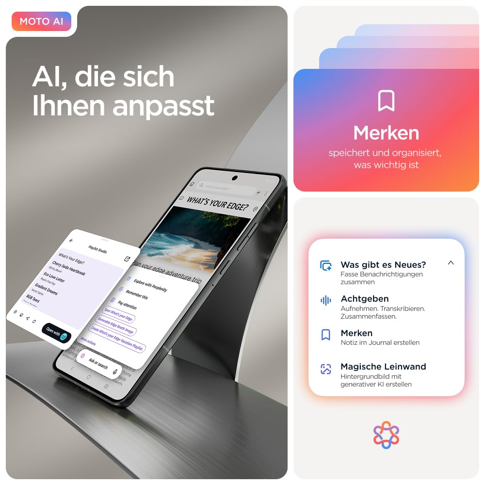 Motorola Edge 70 Smartphone (Robustes 6,67"-pOLED-Display mit Gorilla Glass 7i, 50-MP-Kamera, 12-512 GB, Wasser- und hitzebeständig, 68W-TurboPower-Aufladen), Pantone Gadget Gray, inkl. Magnetcover